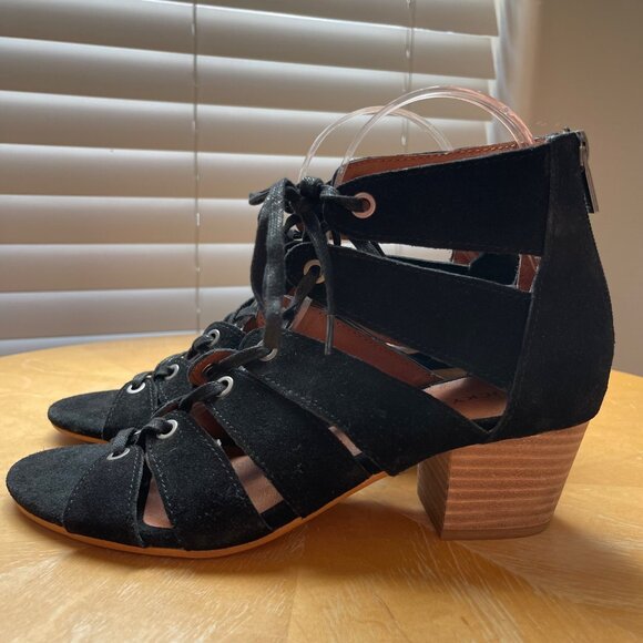 Lucky Brand Genevie Black 8.5M Lace Up Zip Back Cutout Open Toe Chunky Heels - Picture 5 of 9